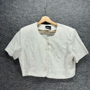 Whirlaway Cropped Button Up Top Women M Medium Beige Short Sleeve Crew Neck